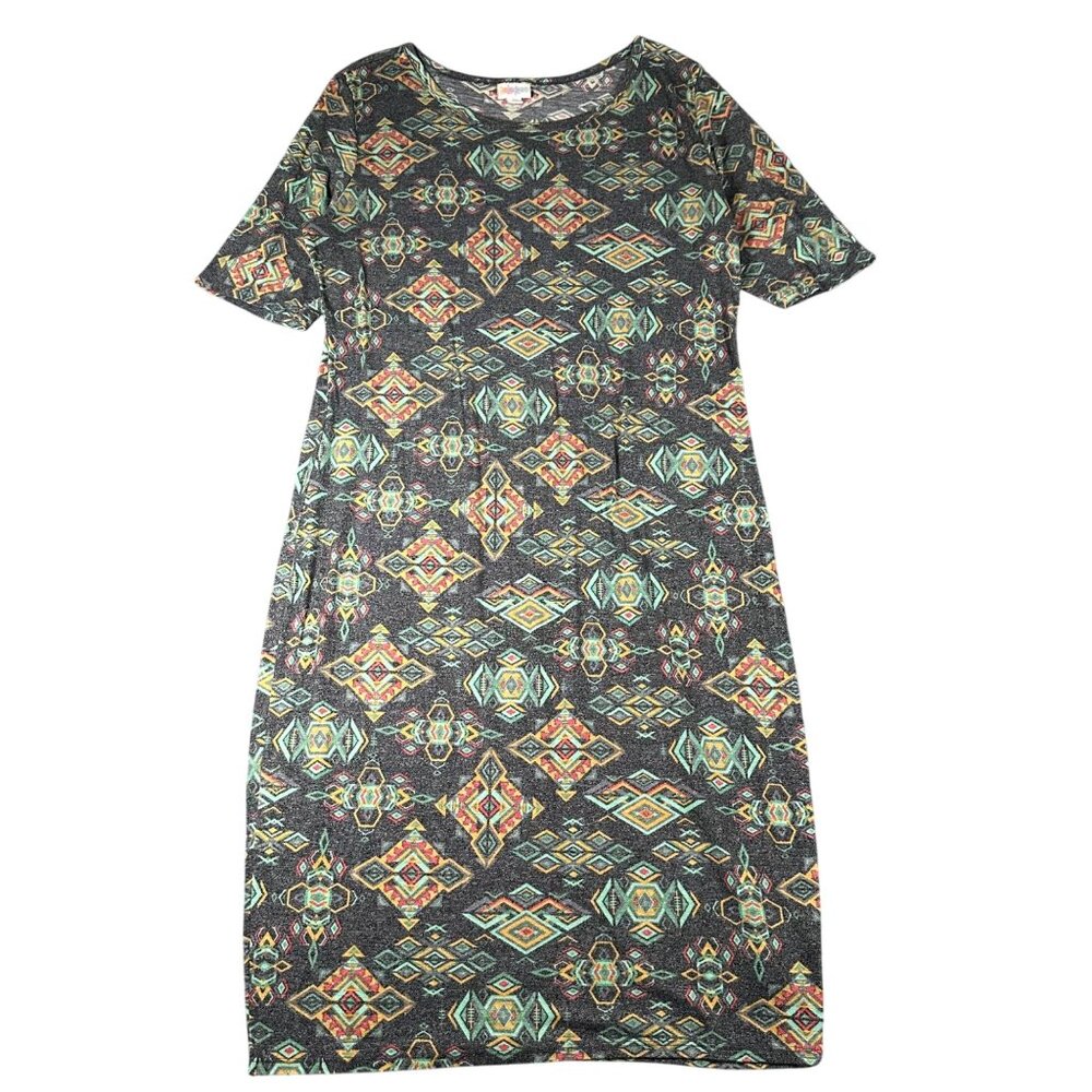 Lularoe XL Julia Dress Gray Multicolor Half Sleeve Round Neck Fitted Form Fittin